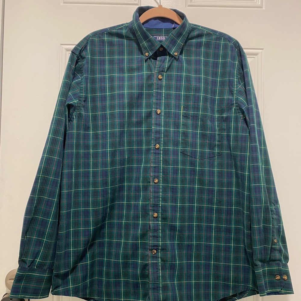 IZOD MENS BLUE & GREEN PLAID LONG SLEEVE BUTTON-DOWN SHIRT, SIZE L